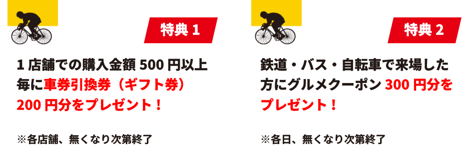 特典1 1店舗での購入金額500円以上毎に車券引換券（ギフト券）200円分をプレゼント！ ※各店舗、無くなり次第終了。 特典2 鉄道・バス・自転車で来場した方にグルメクーポン300円分をプレゼント！ ※各店舗、無くなり次第終了