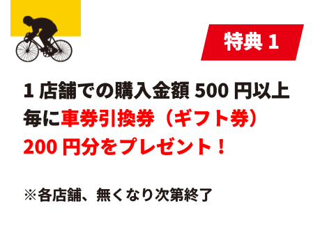 特典1 1店舗での購入金額500円以上毎に車券引換券（ギフト券）200円分をプレゼント！ ※各店舗、無くなり次第終了。